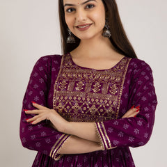 Maroon Rayon Embroidered Round Neck 3/4 Sleeves Calf Length Flared Kurta