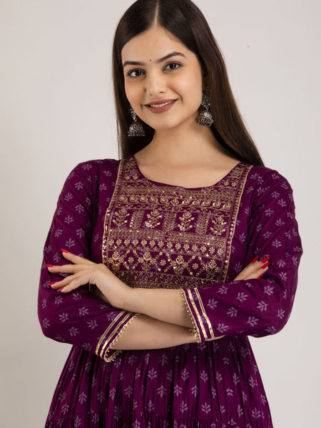 Maroon Rayon Embroidered Round Neck 3/4 Sleeves Calf Length Flared Kurta