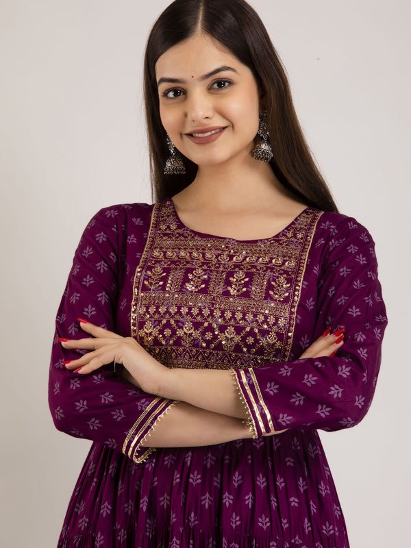 Maroon Rayon Embroidered Round Neck 3/4 Sleeves Calf Length Flared Kurta