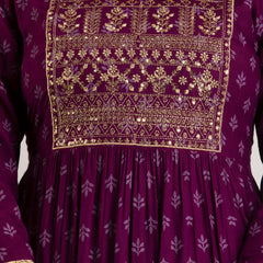 Maroon Rayon Embroidered Round Neck 3/4 Sleeves Calf Length Flared Kurta