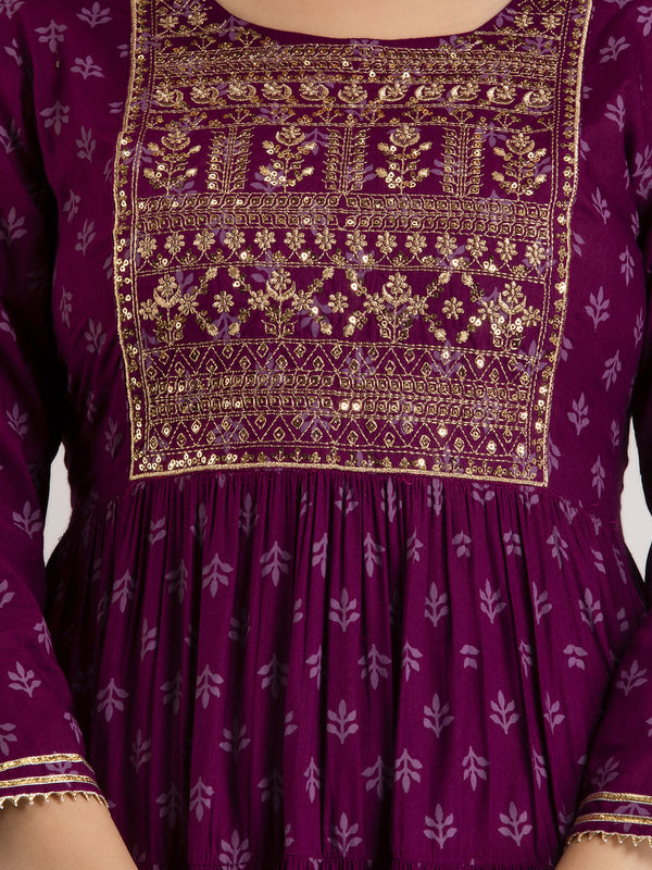 Maroon Rayon Embroidered Round Neck 3/4 Sleeves Calf Length Flared Kurta