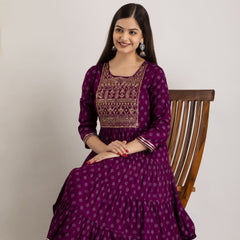Maroon Rayon Embroidered Round Neck 3/4 Sleeves Calf Length Flared Kurta
