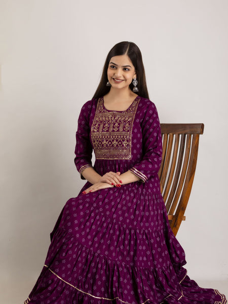 Maroon Rayon Embroidered Round Neck 3/4 Sleeves Calf Length Flared Kurta