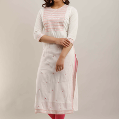 White Rayon Embroidered Round Neck 3/4 Sleeves Calf Length Straight Kurta