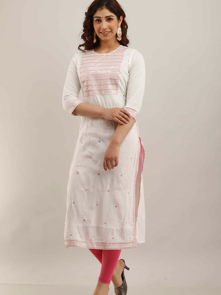 White Rayon Embroidered Round Neck 3/4 Sleeves Calf Length Straight Kurta