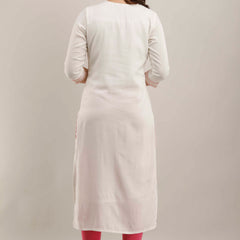 White Rayon Embroidered Round Neck 3/4 Sleeves Calf Length Straight Kurta