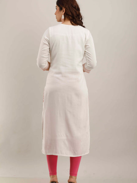 White Rayon Embroidered Round Neck 3/4 Sleeves Calf Length Straight Kurta