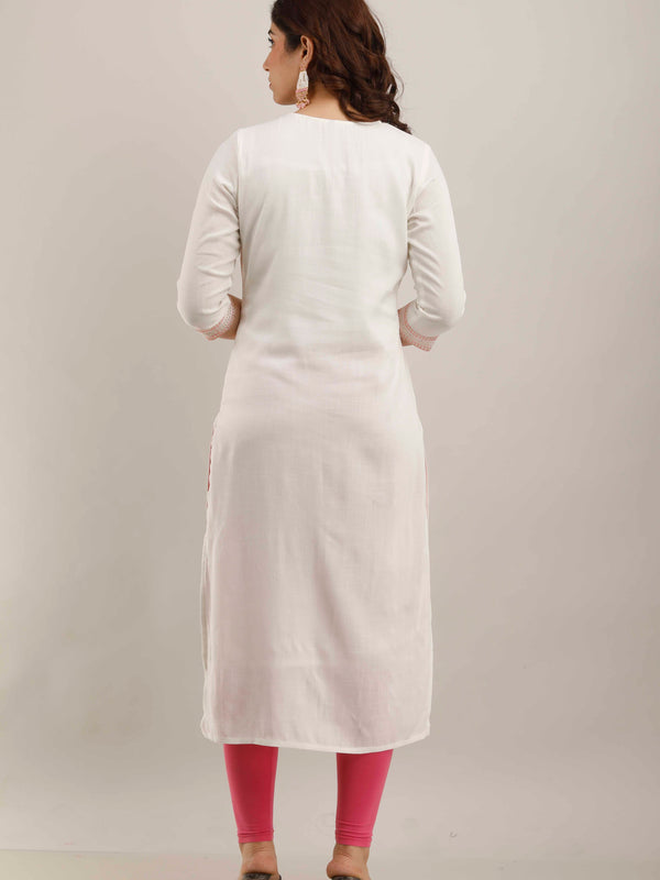 White Rayon Embroidered Round Neck 3/4 Sleeves Calf Length Straight Kurta