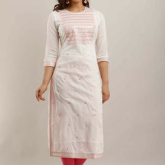 White Rayon Embroidered Round Neck 3/4 Sleeves Calf Length Straight Kurta