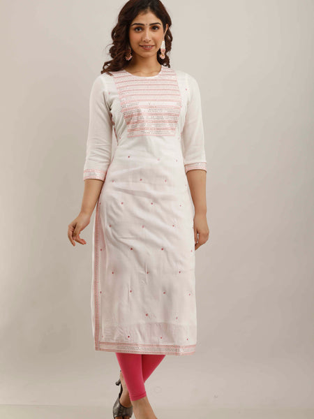 White Rayon Embroidered Round Neck 3/4 Sleeves Calf Length Straight Kurta