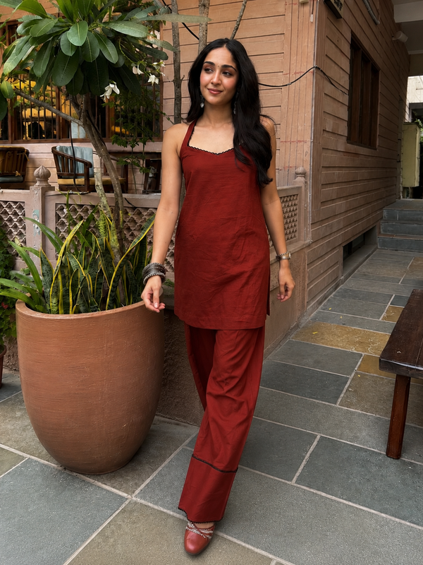 Brick Red Cotton Kurta Set