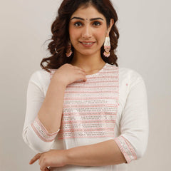White Rayon Embroidered Round Neck 3/4 Sleeves Calf Length Straight Kurta