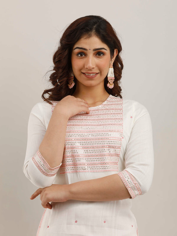 White Rayon Embroidered Round Neck 3/4 Sleeves Calf Length Straight Kurta
