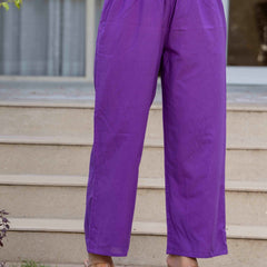 Purple Pure Cotton Solid Round Neck Full Sleeves Calf Length Flared Kurta Pant And Dupatta Set Mizazjaipur