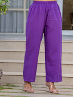 Purple Pure Cotton Solid Round Neck Full Sleeves Calf Length Flared Kurta Pant And Dupatta Set Mizazjaipur