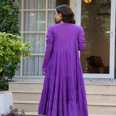 Purple Pure Cotton Solid Round Neck Full Sleeves Calf Length Flared Kurta Pant And Dupatta Set Mizazjaipur