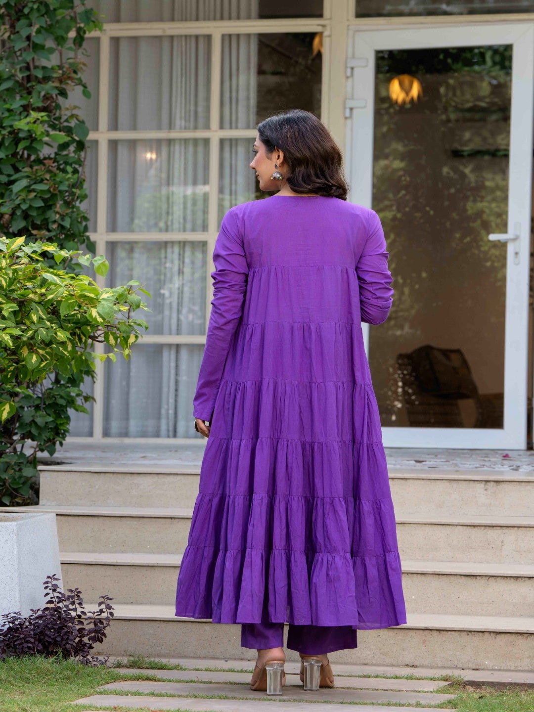 Purple Pure Cotton Solid Round Neck Full Sleeves Calf Length Flared Kurta Pant And Dupatta Set Mizazjaipur