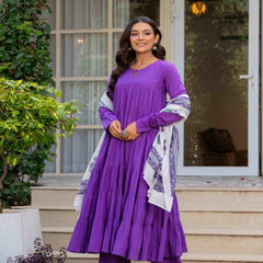Purple Pure Cotton Solid Round Neck Full Sleeves Calf Length Flared Kurta Pant And Dupatta Set Mizazjaipur
