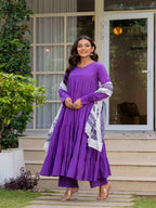 Purple Pure Cotton Solid Round Neck Full Sleeves Calf Length Flared Kurta Pant And Dupatta Set Mizazjaipur