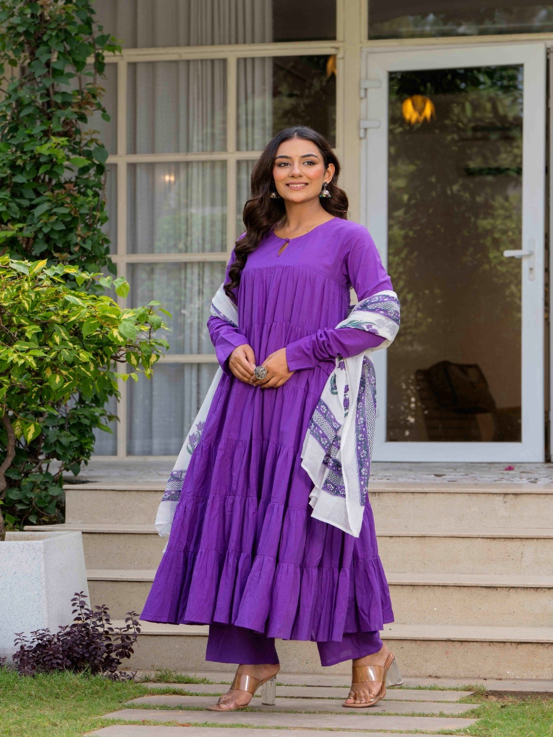 Purple Pure Cotton Solid Round Neck Full Sleeves Calf Length Flared Kurta Pant And Dupatta Set Mizazjaipur
