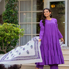 Purple Pure Cotton Solid Round Neck Full Sleeves Calf Length Flared Kurta Pant And Dupatta Set Mizazjaipur