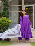 Purple Pure Cotton Solid Round Neck Full Sleeves Calf Length Flared Kurta Pant And Dupatta Set Mizazjaipur
