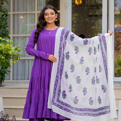 Purple Pure Cotton Solid Round Neck Full Sleeves Calf Length Flared Kurta Pant And Dupatta Set Mizazjaipur