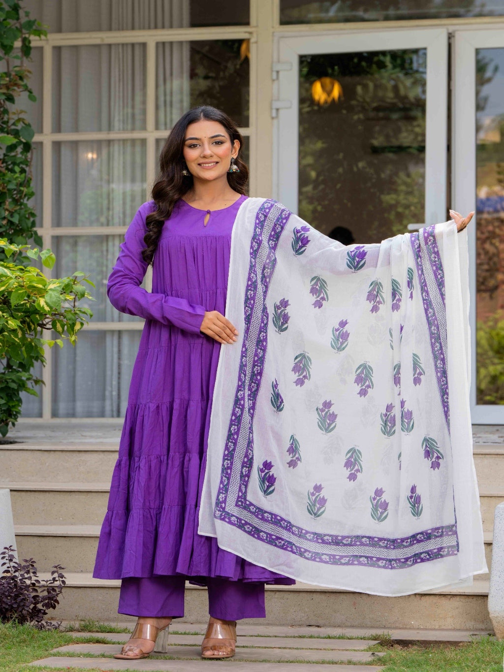 Purple Pure Cotton Solid Round Neck Full Sleeves Calf Length Flared Kurta Pant And Dupatta Set Mizazjaipur