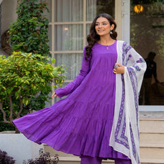 Purple Pure Cotton Solid Round Neck Full Sleeves Calf Length Flared Kurta Pant And Dupatta Set Mizazjaipur