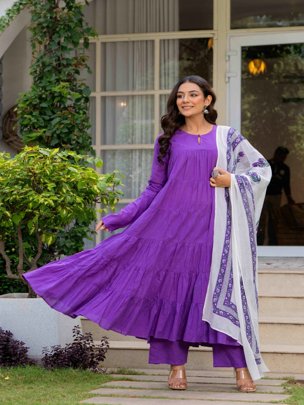 Purple Pure Cotton Solid Round Neck Full Sleeves Calf Length Flared Kurta Pant And Dupatta Set Mizazjaipur
