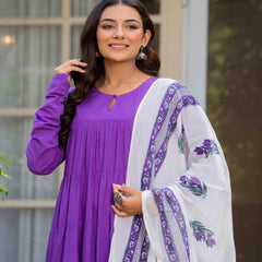 Purple Pure Cotton Solid Round Neck Full Sleeves Calf Length Flared Kurta Pant And Dupatta Set Mizazjaipur