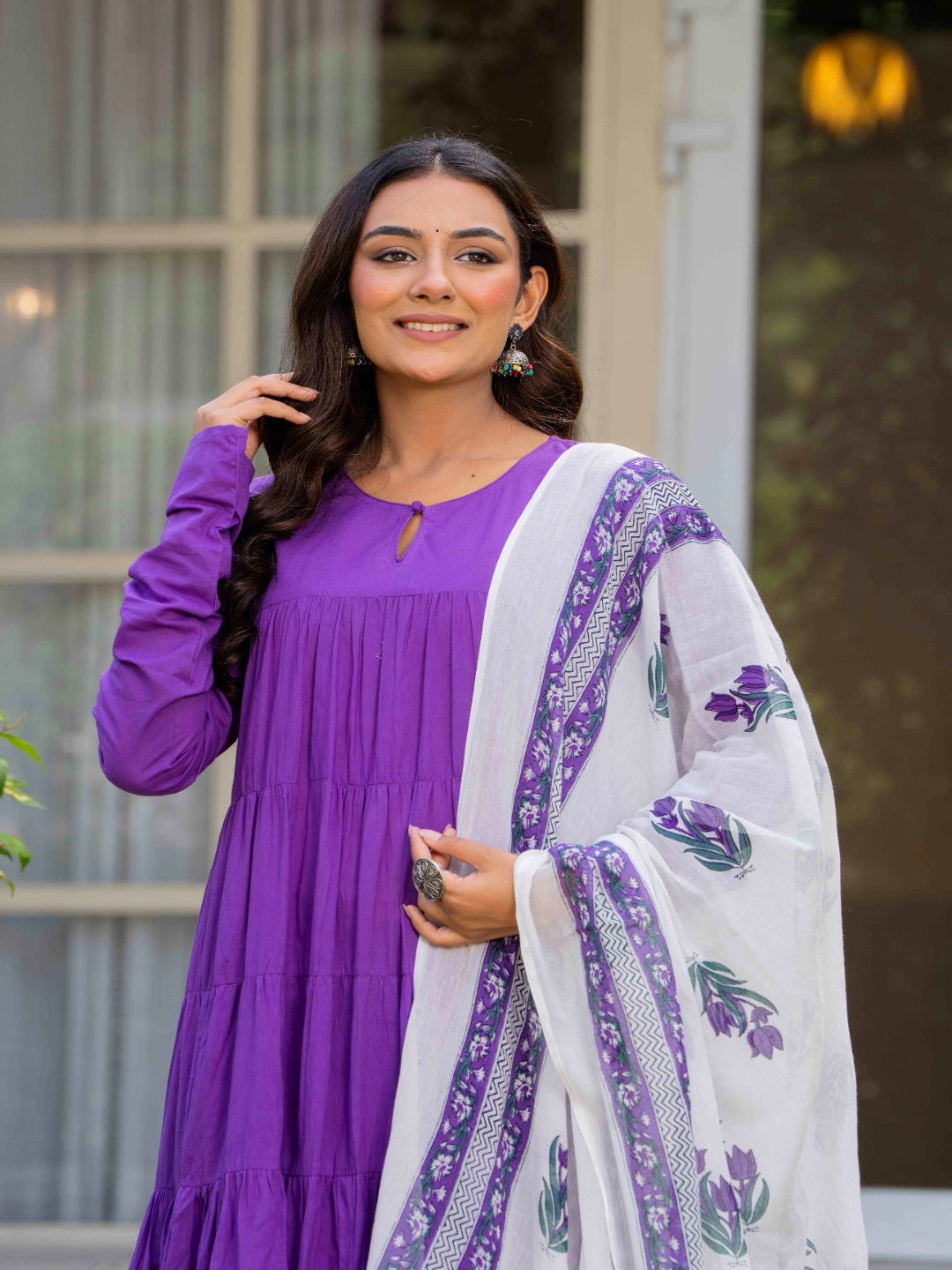 Purple Pure Cotton Solid Round Neck Full Sleeves Calf Length Flared Kurta Pant And Dupatta Set Mizazjaipur