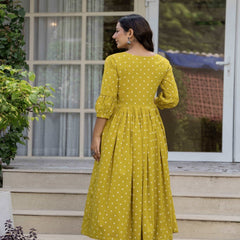 Mustard Pure Cotton Printed Embroidered Round Neck 3/4 Sleeves Calf Length Flared Kurta Pant And Dupatta Set Mizazjaipur