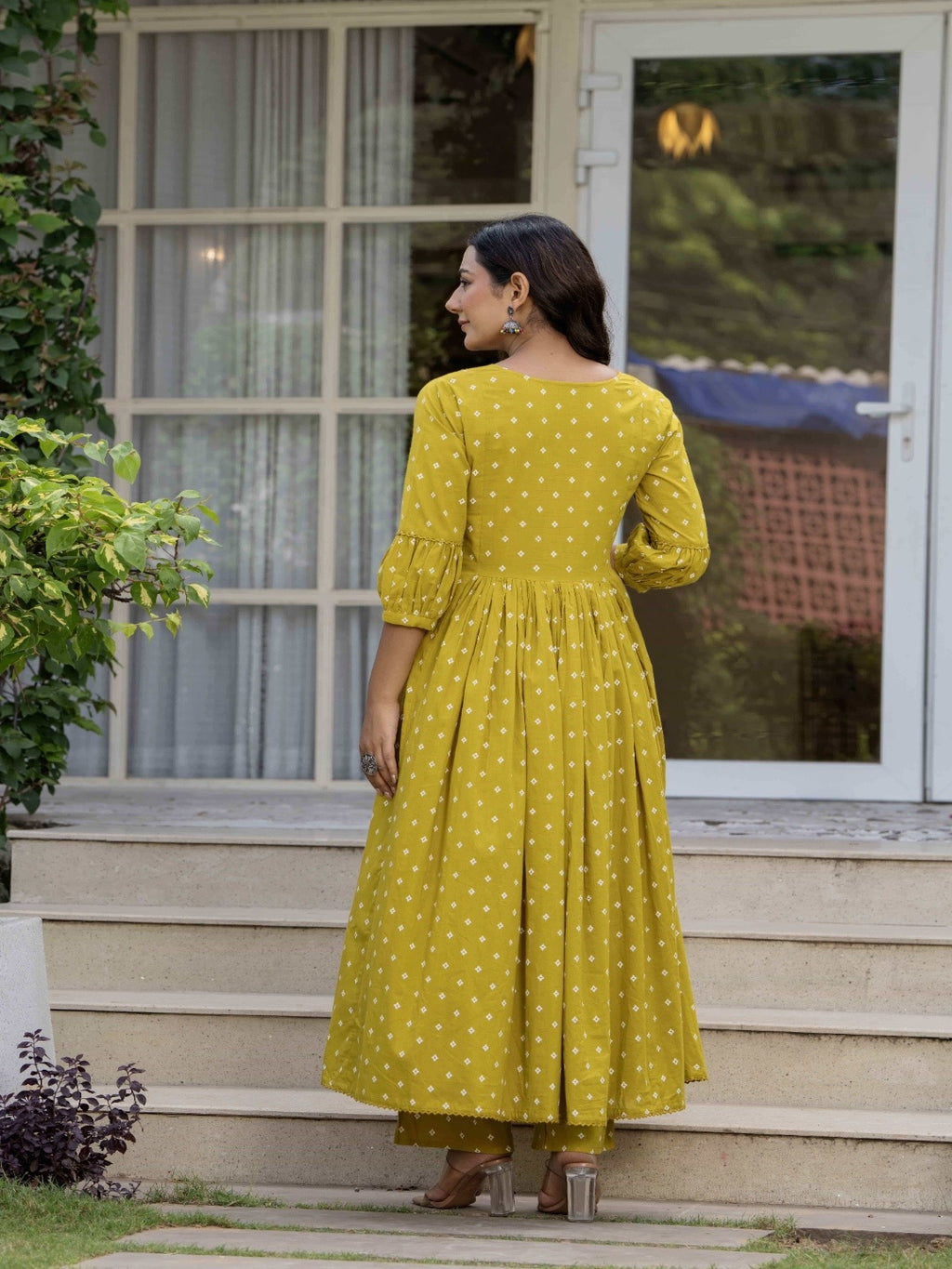 Mustard Pure Cotton Printed Embroidered Round Neck 3/4 Sleeves Calf Length Flared Kurta Pant And Dupatta Set Mizazjaipur