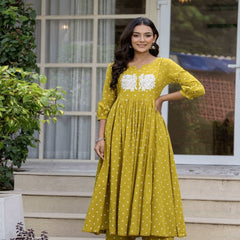 Mustard Pure Cotton Printed Embroidered Round Neck 3/4 Sleeves Calf Length Flared Kurta Pant And Dupatta Set Mizazjaipur
