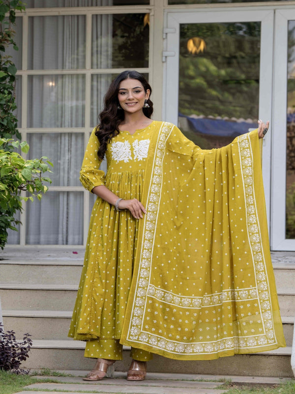 Mustard Pure Cotton Printed Embroidered Round Neck 3/4 Sleeves Calf Length Flared Kurta Pant And Dupatta Set Mizazjaipur