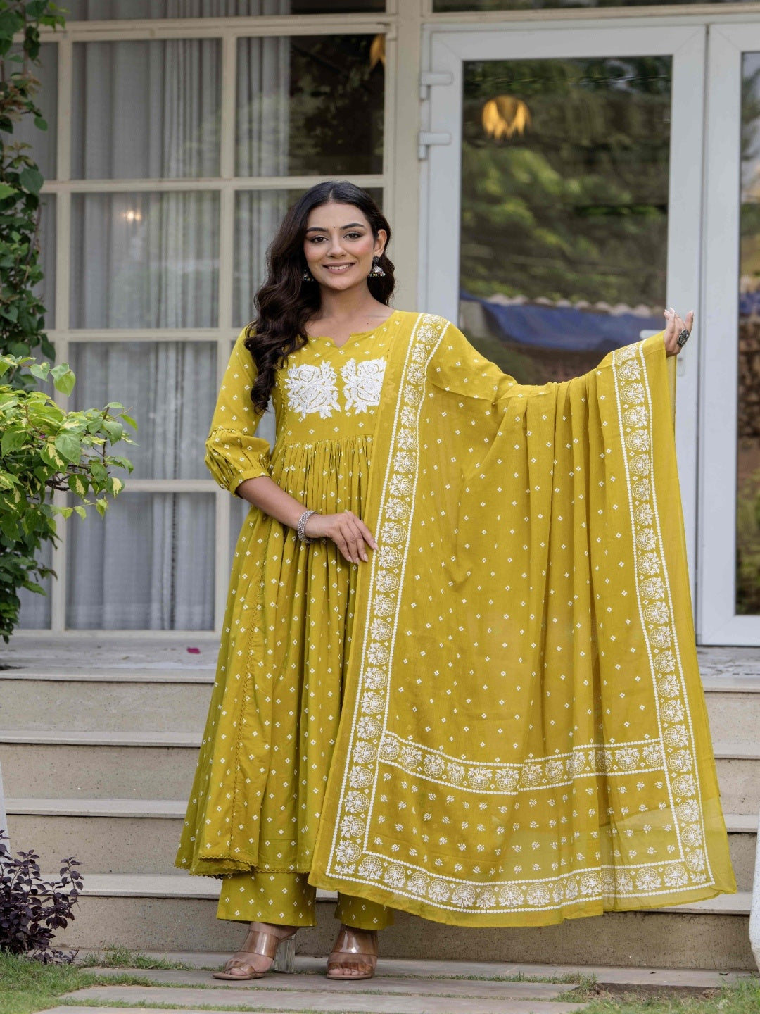 Mustard Pure Cotton Printed Embroidered Round Neck 3/4 Sleeves Calf Length Flared Kurta Pant And Dupatta Set Mizazjaipur
