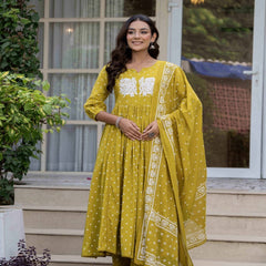 Mustard Pure Cotton Printed Embroidered Round Neck 3/4 Sleeves Calf Length Flared Kurta Pant And Dupatta Set Mizazjaipur