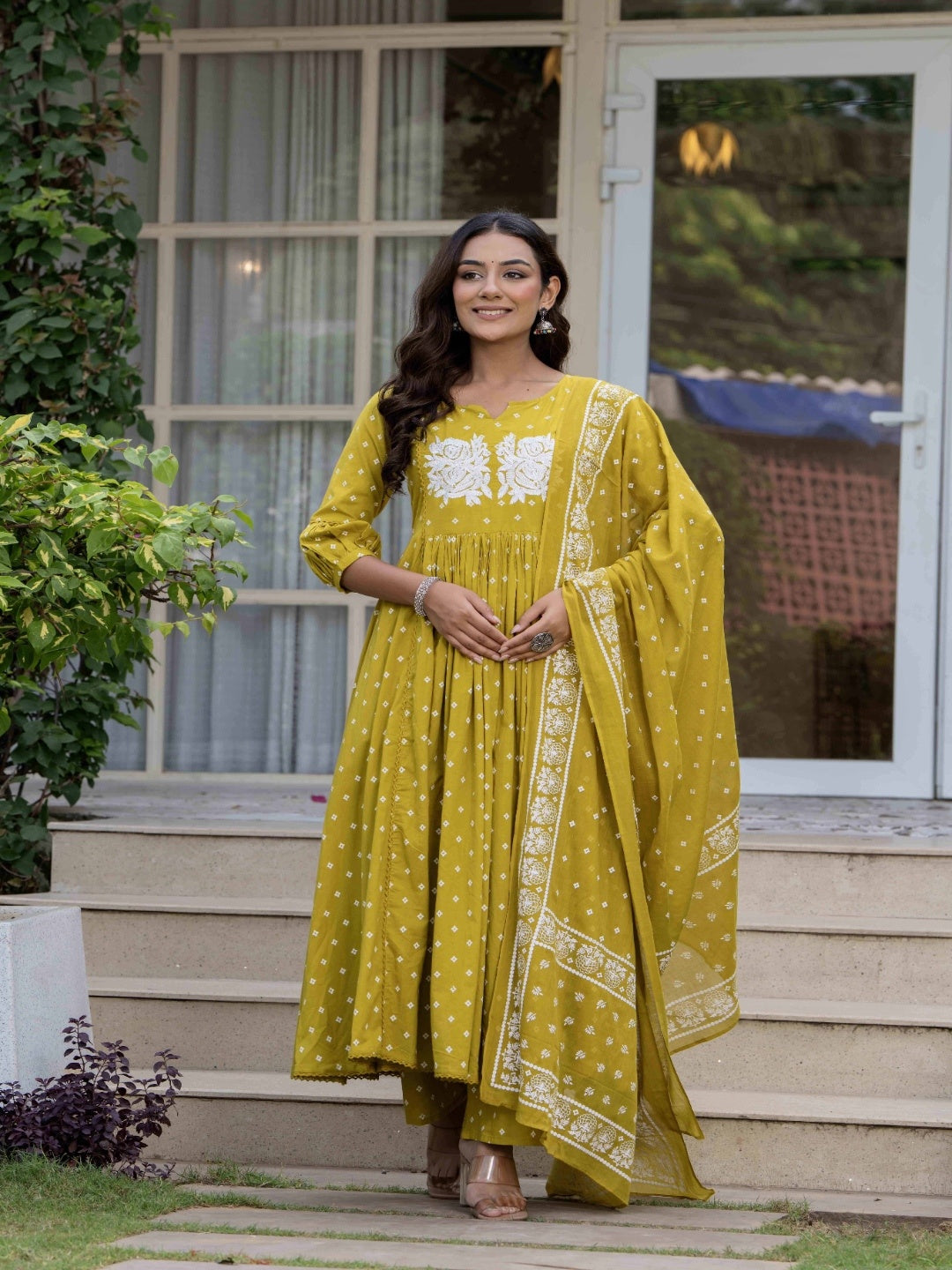 Mustard Pure Cotton Printed Embroidered Round Neck 3/4 Sleeves Calf Length Flared Kurta Pant And Dupatta Set Mizazjaipur