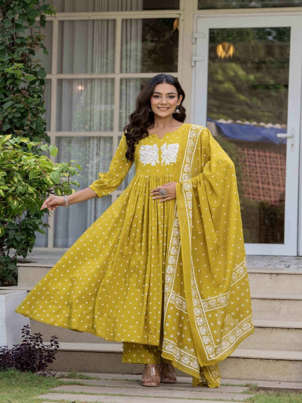 Mustard Pure Cotton Printed Embroidered Round Neck 3/4 Sleeves Calf Length Flared Kurta Pant And Dupatta Set Mizazjaipur