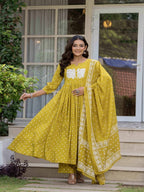 Mustard Pure Cotton Printed Embroidered Round Neck 3/4 Sleeves Calf Length Flared Kurta Pant And Dupatta Set Mizazjaipur