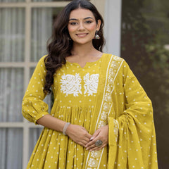 Mustard Pure Cotton Printed Embroidered Round Neck 3/4 Sleeves Calf Length Flared Kurta Pant And Dupatta Set Mizazjaipur