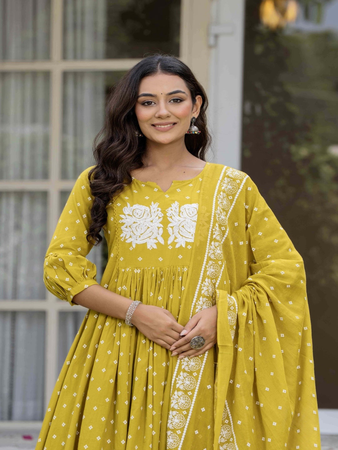 Mustard Pure Cotton Printed Embroidered Round Neck 3/4 Sleeves Calf Length Flared Kurta Pant And Dupatta Set Mizazjaipur