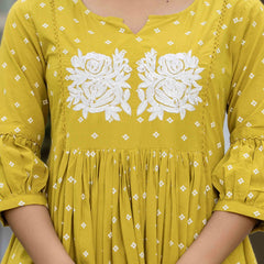 Mustard Pure Cotton Printed Embroidered Round Neck 3/4 Sleeves Calf Length Flared Kurta Pant And Dupatta Set Mizazjaipur
