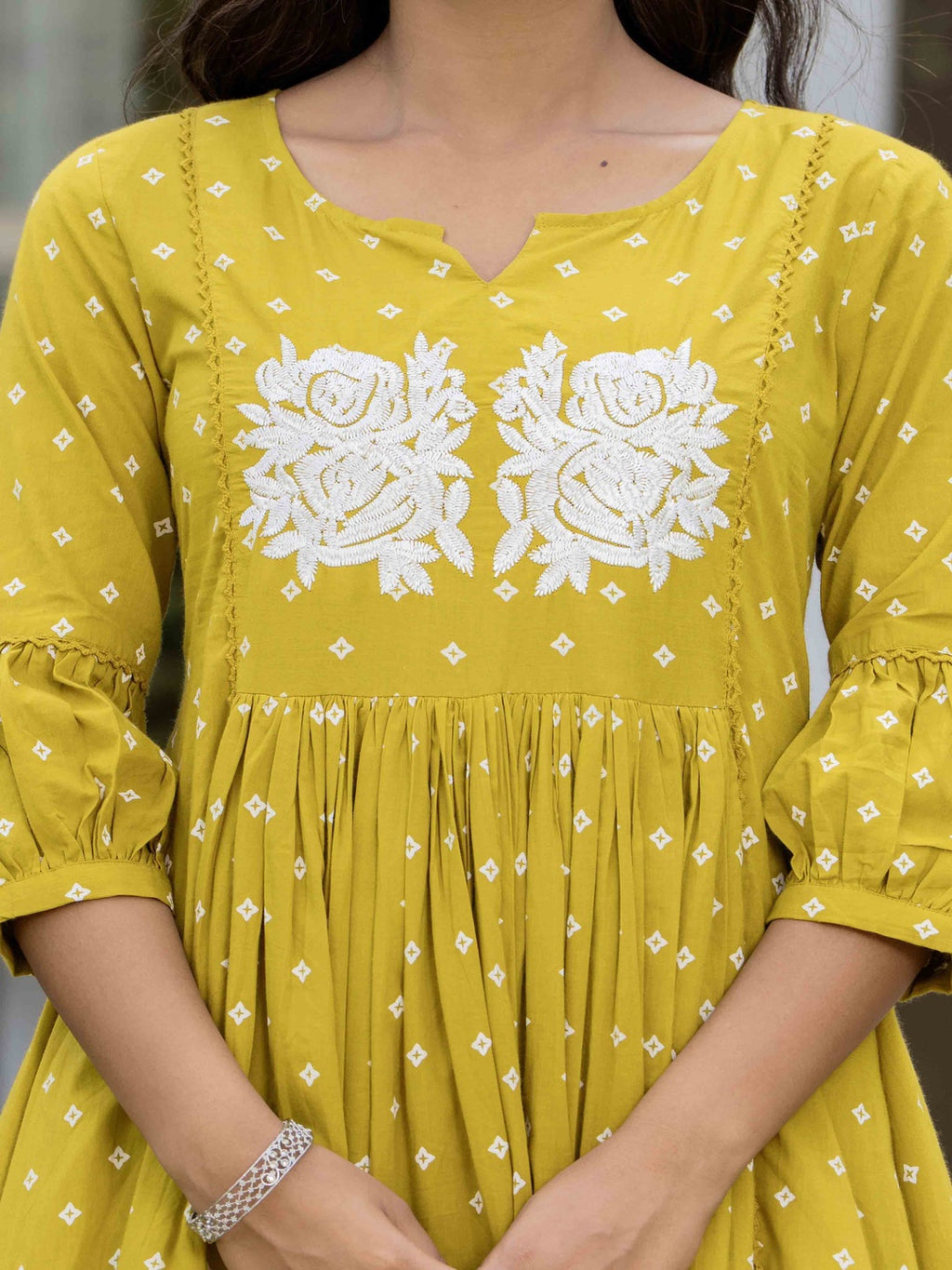 Mustard Pure Cotton Printed Embroidered Round Neck 3/4 Sleeves Calf Length Flared Kurta Pant And Dupatta Set Mizazjaipur