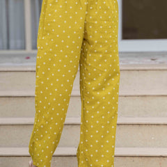 Mustard Pure Cotton Printed Embroidered Round Neck 3/4 Sleeves Calf Length Flared Kurta Pant And Dupatta Set Mizazjaipur