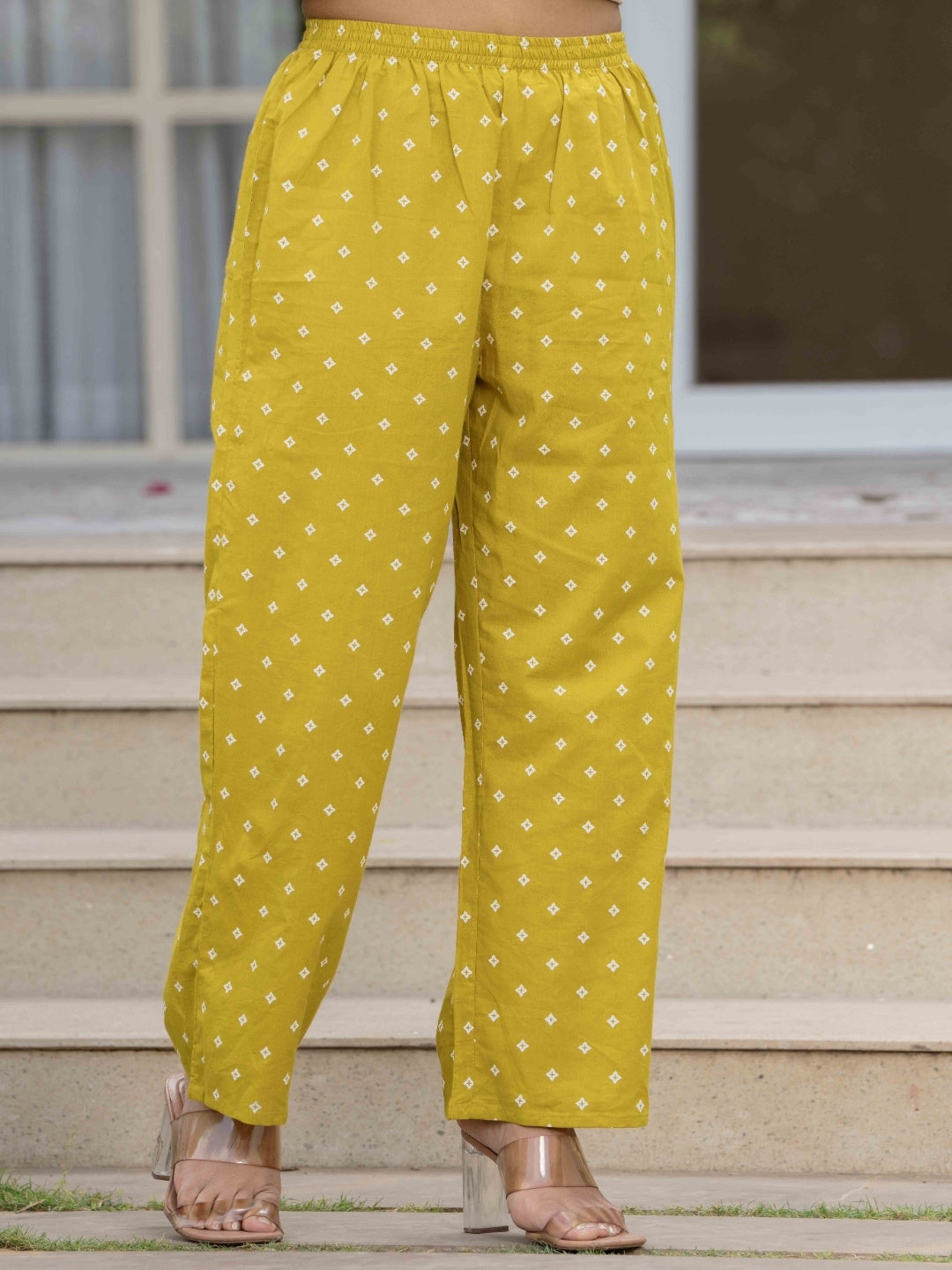 Mustard Pure Cotton Printed Embroidered Round Neck 3/4 Sleeves Calf Length Flared Kurta Pant And Dupatta Set Mizazjaipur