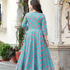 Skyblue Pure Cotton Printed Round Neck Calf Length Anarkali Kurta, Pant & Dupatta Set Mizaz Jaipur