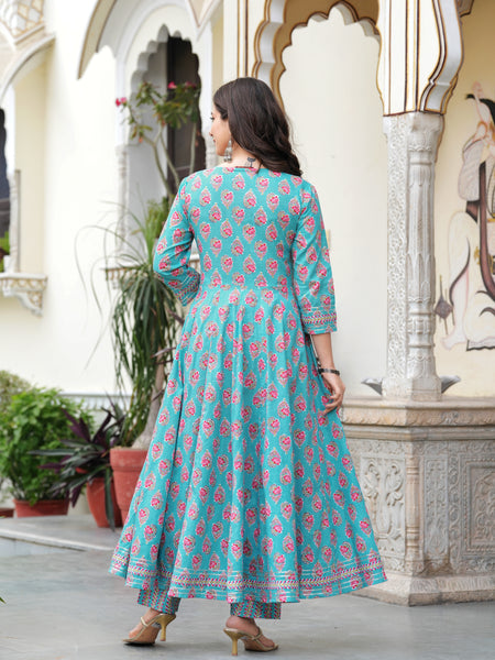 Skyblue Pure Cotton Printed Round Neck Calf Length Anarkali Kurta, Pant & Dupatta Set Mizaz Jaipur