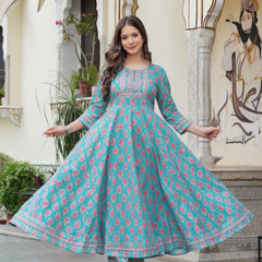 Skyblue Pure Cotton Printed Round Neck Calf Length Anarkali Kurta, Pant & Dupatta Set Mizaz Jaipur
